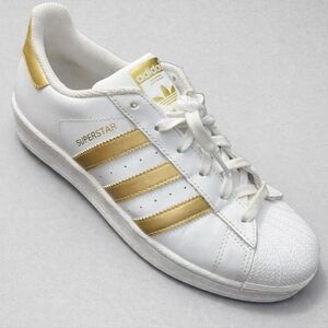 Adidas Superstar Womens 7.5 US White With Gold Stripe Clamshell Sneakers, Flashy